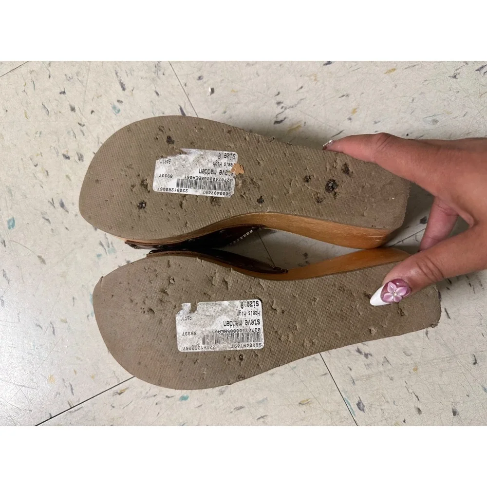 Steve Madden Brown Leather Wood Wedge Sandals Buckle Y2K Size 8 Festival Boho